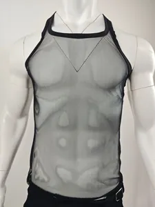 Close-up detail of men's sexy black mesh tank top, breathable see-through sports vest.