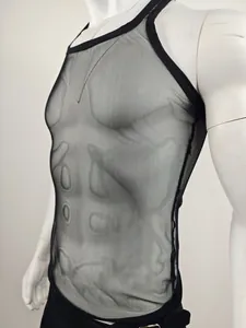 Detail view of black mesh men's tank top showing breathable semi-transparent texture
