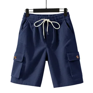 Men's loose blue corduroy cargo shorts with drawstring waist for casual summer outdoor wear