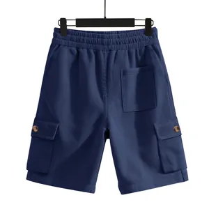 Rear view of navy blue corduroy cargo shorts with back pocket and side pocket detail