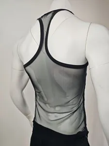 Detailed macro view of the back of a men's breathable black mesh see-through gym tank top