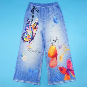 Stylish casual wide-leg pants featuring vibrant butterfly and text print on denim texture