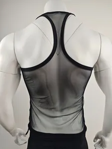 Detailed macro view showing the back design of a men's breathable black mesh fitness tank top.