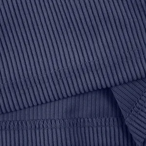 Macro detail of navy blue heavyweight corduroy fabric with precise stitching and texture