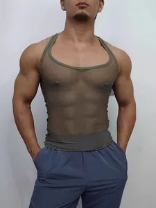 Men's Sexy Mesh See-Through Tank Top Slim Fit Breathable Sleeveless Vest For Gym Fitness Sports Solid Color Polyester Top