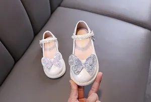 Elegant white girl's princess shoes with rhinestone butterfly and pearl straps