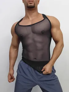 Breathable men's black mesh tank top for professional fitness and summer gym sports