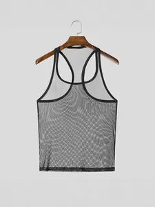 Breathable men's black mesh see-through tank top for professional gym and fitness workouts