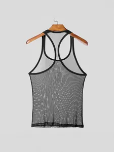 Men's sexy black mesh tank top, breathable see-through fitness vest for workout