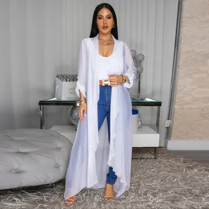 Elegant white long chiffon cardigan cover-up for women casual summer outfit