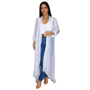 Elegant flowy long white chiffon cardigan for summer sun protection and stylish layering