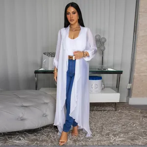 Elegant long white chiffon cardigan cover-up jacket for a stylish summer sun protection look
