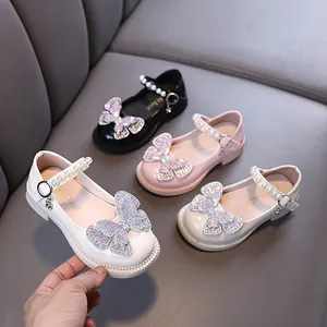 Girls Princess Mary Jane Shoes Rhinestone Bow PU Leather Flat Shoes Elegant Pearls Dance Performance Wedding Party Shoes