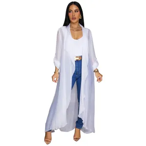 Full view of the stylish white long sheer chiffon cardigan on a professional model