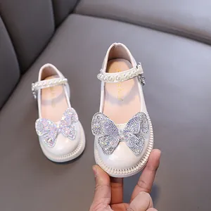 Girls elegant white Mary Jane shoes with sparkling rhinestone butterfly and pearl strap