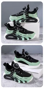 Vista detallada de zapatillas de malla para niños verde menta con sistema de cierre giratorio.