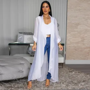 Elegant long white sheer chiffon cardigan with delicate ruffle detail for chic sun protection