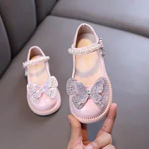 Pink girl's princess shoes with rhinestone butterfly and pearl strap