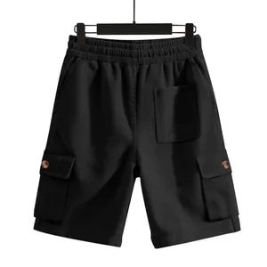 Men's black heavy-duty corduroy cargo shorts with side pockets and elastic waist