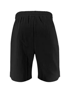 Back view of classic black loose-fit linen shorts for men featuring elastic waistband