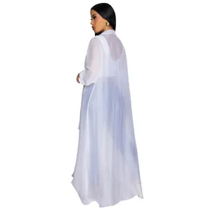 Detailed back view of a long white sheer chiffon cardigan sun protection coat for women.