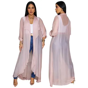 Detailed front and back view of a long pink sheer chiffon cardigan for sun protection