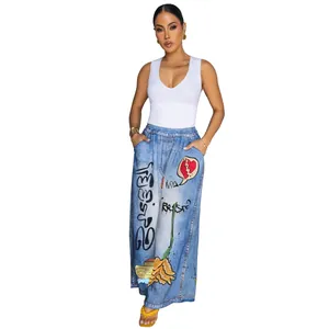 Stylish women's white tank top and blue graffiti print wide-leg trousers casual two-piece set