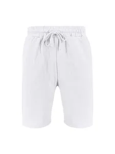 Front view detail of white men's casual linen shorts with drawstring waist.