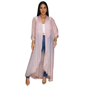 Long light pink chiffon cardigan with ruffled hem for women's casual sun protection