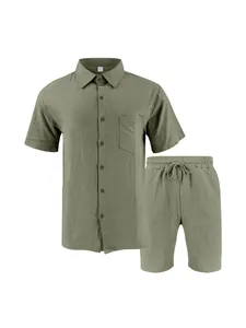 Herren Leinen-Zweiteiler in Olivgrün mit Kurzarmhemd und Shorts für den Sommer