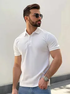 Men Short Sleeve Lapel Polo Shirt Breathable Pique Polyester Casual Summer Work Group Uniform Solid Color Polo Top