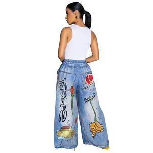 Back view of women's casual wide-leg denim pants with colorful artistic graffiti prints
