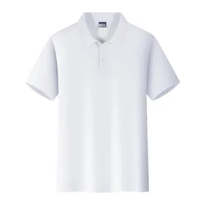 Front view detail of a plain white breathable short-sleeved cotton polo shirt for men