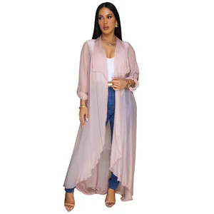 Elegant light pink long chiffon cardigan featuring tiered ruffles and irregular hem detail