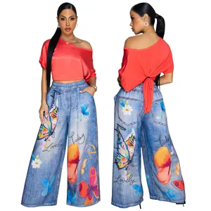 Casual two-piece set with red off-shoulder top and butterfly print wide-leg pants