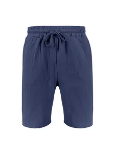 Detailed front view of men's navy blue linen shorts featuring a drawstring elastic waist