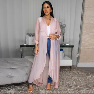 Elegant pink long sheer chiffon cardigan for women, stylish summer sunscreen coat.