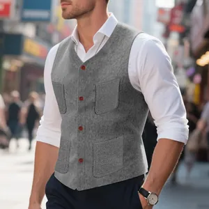Chaleco clásico de lana gris para hombre, corte entallado con diseño de un pecho