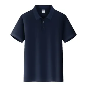 High-quality detailed front view of a classic dark blue short-sleeved polo shirt for men