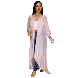 Elegant long sheer pink chiffon cardigan sun protection jacket for women full view