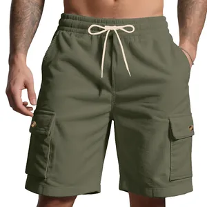 Detailed view of men's olive green corduroy cargo shorts featuring a drawstring waist.