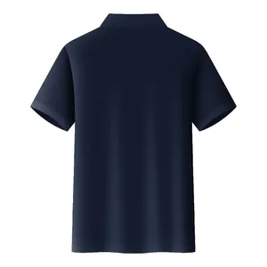 Detailed back view of a classic navy blue short-sleeved polo shirt for men's workwear.