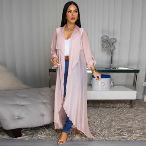 Elegant long pink chiffon cardigan for women, stylish sun protection beach cover-up