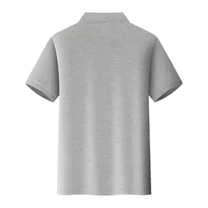 Back view of a classic grey short-sleeved Polo shirt featuring breathable cotton fabric texture