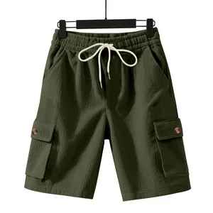 Loose fit olive green heavy corduroy cargo shorts with white drawstring for men's summer