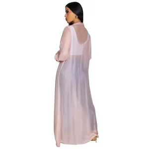 Back view of long sheer pink chiffon cardigan for sun protection