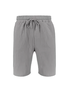 Front view of grey men's casual linen shorts with drawstring elastic waist