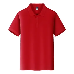 Close-up front view of a classic red short-sleeved polo shirt with button collar detail