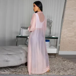 Back view of an elegant long pink sheer chiffon cardigan for women stylish outerwear.
