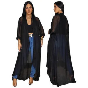 Long black sheer chiffon cardigan for women, lightweight sun-protection jacket detail